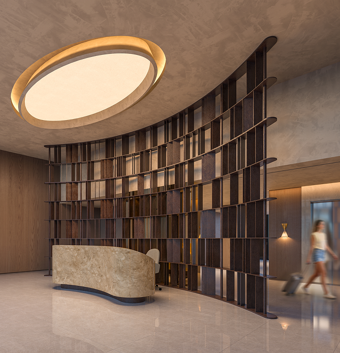 Lobby do On Resort com recepção e estante curva — ilustração artística do lobby